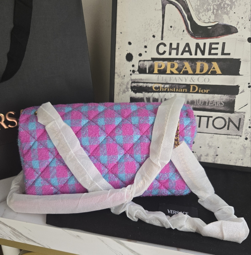 Versace Tweed Pink And Blue Two Way Bag NWT - Picture 2 of 13